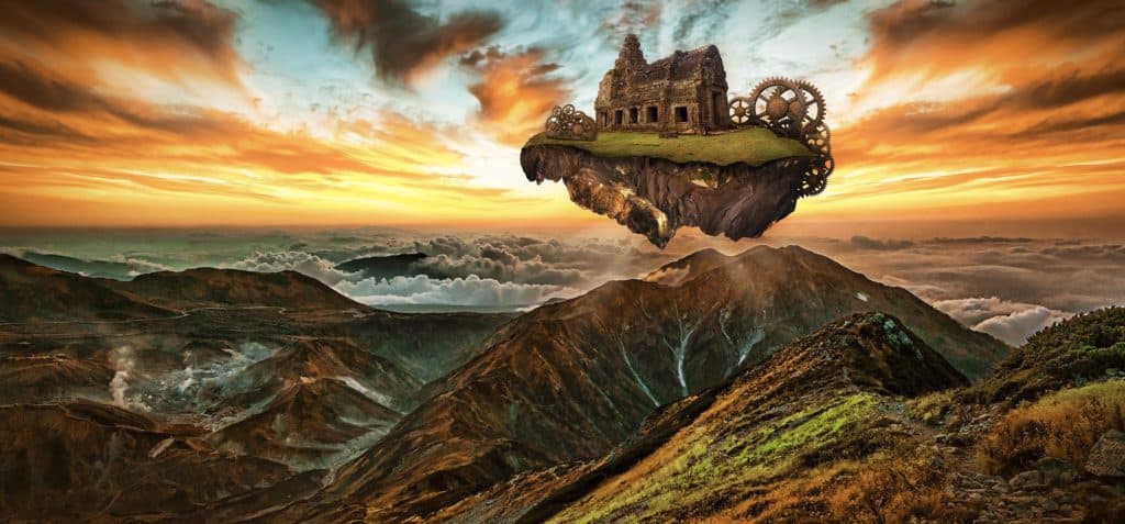 An image of a home floating over a mountain with a view of the ocean and beautiful sunset in the background appearing in a dreamlike state.
