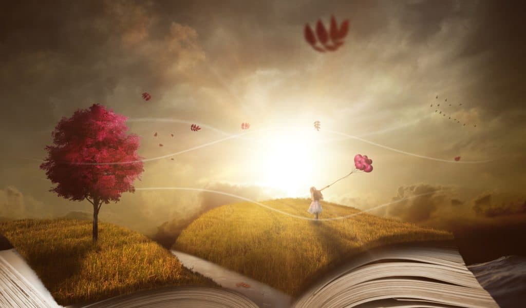 An image of the breeze blowing leaves, birds and balloons into different positions from the pages of a book.